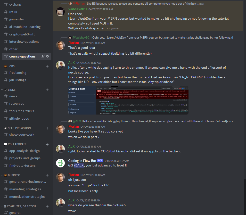 An active Discord chat room discussing programming questions and course topics.